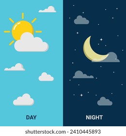 Day and night concept with sun and moon in sky. Vector Illustration