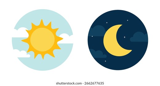 Concepto de día y noche. Sol y luna en el cielo. Iconos redondos del vector