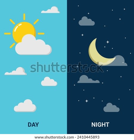 Day and night concept with sun and moon in sky. Vector Illustration