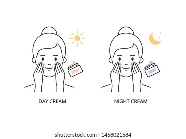 Day and night cream applying vector icons