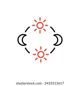 
day and night cycle icon, movement path of the sun and moon icon. Circle with sun and moon arrows. Editable vector sign.