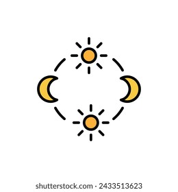 
day and night cycle icon, movement path of the sun and moon icon. Circle with sun and moon arrows. Editable vector sign.