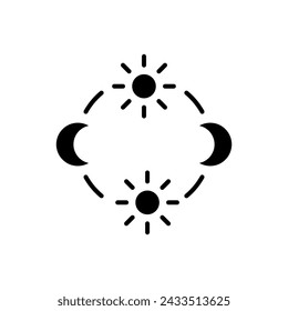 
day and night cycle icon, movement path of the sun and moon icon. Circle with sun and moon arrows. Editable vector sign.