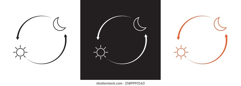 Day And Night Cycle Icon. Sun And Moon With Arrows Representing Time Transition Glyph Symbol. Daytime And Night time Change. Isolated on white and black background. Vector illustration. EPS 10