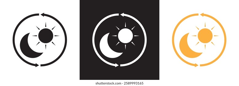 Day And Night Cycle Icon. Sun And Moon With Arrows Representing Time Transition Glyph Symbol. Daytime And Night time Change. Isolated on white and black background. Vector illustration. EPS 10