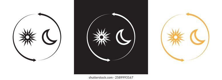Day And Night Cycle Icon. Sun And Moon With Arrows Representing Time Transition Glyph Symbol. Daytime And Night time Change. Isolated on white and black background. Vector illustration. EPS 10