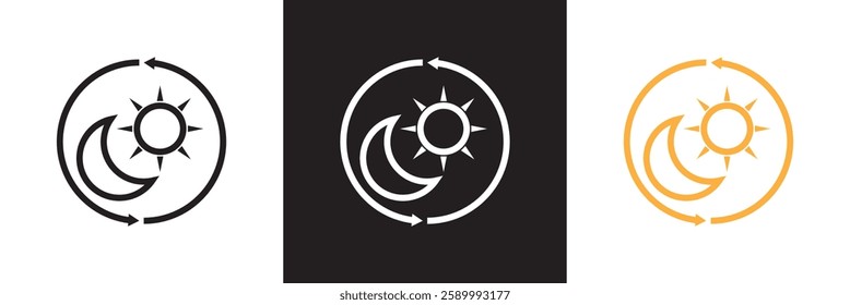 Day And Night Cycle Icon. Sun And Moon With Arrows Representing Time Transition Glyph Symbol. Daytime And Night time Change. Isolated on white and black background. Vector illustration. EPS 10