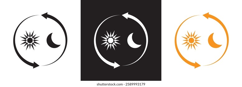 Day And Night Cycle Icon. Sun And Moon With Arrows Representing Time Transition Glyph Symbol. Daytime And Night time Change. Isolated on white and black background. Vector illustration. EPS 10