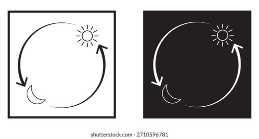 Ícone Do Ciclo Dia E Noite. Sol E Lua Com Setas Representando O Símbolo De Glifo De Transição Do Tempo. Mudança De Horário Diurno E Noturno. Isolado no plano de fundo branco e preto. Ilustração vetorial. EPS 10
