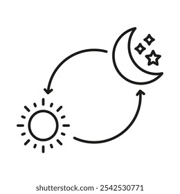 Ícone Da Linha De Ciclo Dia E Noite. Sol E Lua Com Setas Que Representam O Símbolo De Contorno De Transição Temporal. Mudança De Dia E De Noite. Traço editável. Ilustração de vetor isolada.