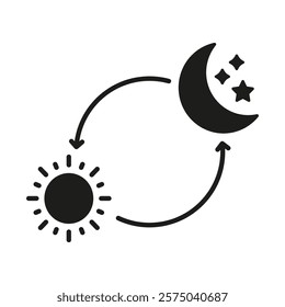 Day And Night Cycle Silhouette Icon. Sun And Moon With Arrows Representing Time Transition Glyph Symbol. Daytime And Nighttime Change. Isolated Vector Illustration.