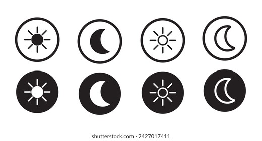 Day and night, dark and light modes. Screen modes icons set. Screen brightness and contrast level control icons.