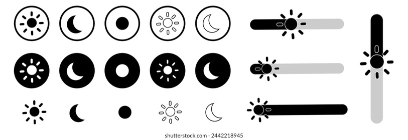 Modos día y noche, oscuridad y luz. Iconos de modos de pantalla establecidos. Iconos de control de brillo y nivel de contraste de la pantalla. Interruptor de día y noche. Ilustración vectorial.