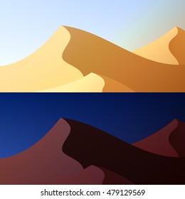 Day and night in the desert sand. Travel vector background. For tourism, brochures, websites backgrounds, printing. Design of heat and dryness.