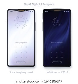 Day and night display modes of smartphone custom interface. Vector 3D realistic mockup. UI widgets of Sun, Crescent and lock pattern. Modern template with a bright and dark abstract fluid backgrounds