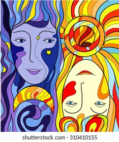 day and night faces,  twin  faces, vector