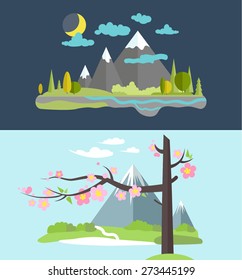 Day and night flat landscape. Natural illustration