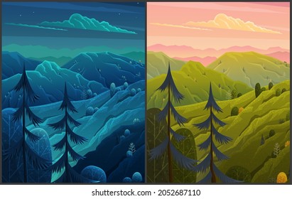 Day Night Forest Cartoon Vector Hills Stock Vector (Royalty Free ...