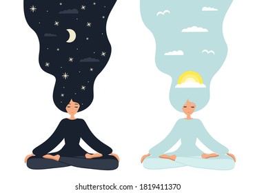 Día y noche. Niña en loto de yoga practica meditación. Ilustración vectorial en estilo plano. Mujer joven meditando