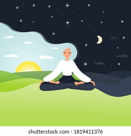 Day and night. Girl in yoga lotus practices meditation. Vector illustration in flat style. Young woman meditating