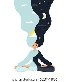 Día y noche. Niña en loto de yoga practica meditación. Ilustración vectorial en estilo plano. Mujer joven meditando