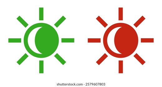 Day and night. Green and red sun icons with the moon. Symbols of brightness and dark mode. Brightness control icons