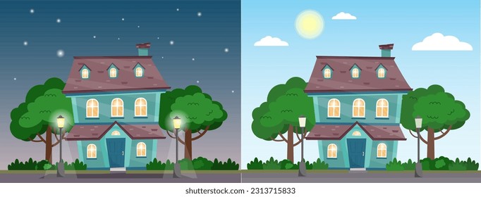 Day and night house. Building at day and night with trees, bushes, street lamps, sky. Cottage at summer time. Night and day suburb landscape. Vector illustration in flat cartoon style. 