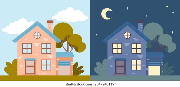 Day and night house. Cottage and townhouse. Countryside, city and town. Modern building at different times of day. Real estate and private property. Flat vector illustration