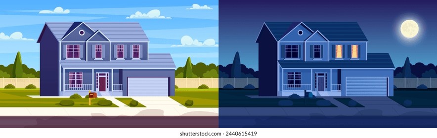 Day and night house. Street in suburb district with residential house. cartoon landscape with suburban cottage. City neighborhood with real estate property. Vector illustration in a flat style