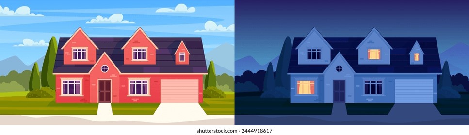 Day and night house. Street in suburb district with residential house. cartoon landscape with suburban cottage. City neighborhood with real estate property. Vector illustration in a flat style