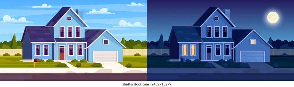 Day and night house. Street in suburb district with residential house. cartoon landscape with suburban cottage. City neighborhood with real estate property. Vector illustration in a flat style