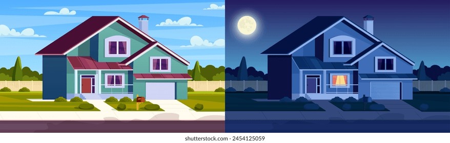 Casa de día y de noche. Calle en barrio suburbano con casa residencial. paisaje de dibujos animados con casa de campo suburbana. Barrio de la ciudad con propiedad inmobiliaria. Ilustración vectorial en un estilo plano