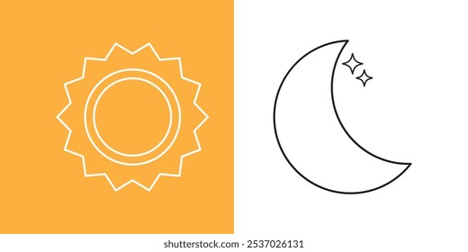 Day and night icon. Sun on orange background. Moon and stars in midnight. Vector illustration