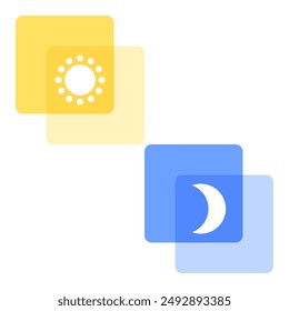 Day and night icons abstract illustration featuring overlapping yellow and blue squares with sun and moon symbols. Minimal vector design ideal for representing time concepts, balance, and duality.