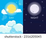 Day and night illustration. Vector day and night. Background with sun, moon, sky icons