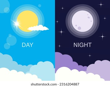 Day and night illustration. Vector day and night. Background with sun, moon, sky icons