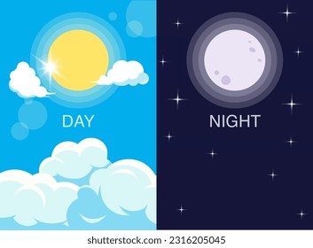 Day and night illustration. Vector day and night. Background with sun, moon, sky icons