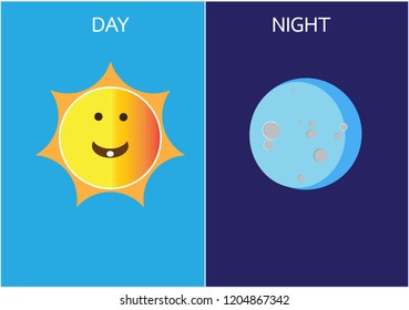 Day and night illustrations with funny smiling cartoon characters of sun and moon. Vector illustration EPS 10. 