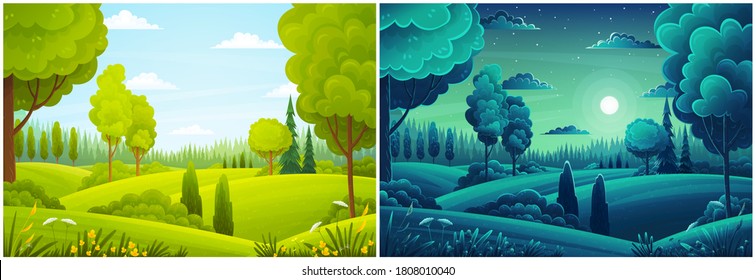 Day and night landscape with hills, forest, fir-trees, view at scenery with clear sky, full moon, summer fields with bushes and plants, nobody, ecological, non-urban, scene of countryside, wild - Shutterstock ID 1808010040