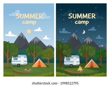 Day and night landscape illustration with mountains, forest, camper, tent and campfire in flat style. Vertical web banner for summer camp, nature tourism, camping, hiking, trekking