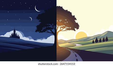 Day and Night Landscape Illustration in Pixel Art
