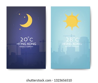 Day and night landscape illustration with sun, moon, stars ,clouds. Weather app user interface design