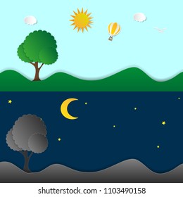 day and night landscape illustration with sun,moon,hills,star,clouds,weather app,user interface design