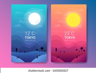 day   night landscape illustration and sun moon hills star clouds weather app user interface design