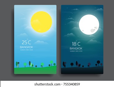 Day And Night Landscape Illustration With Sun,moon,hills,star,clouds,weather App,user Interface Design