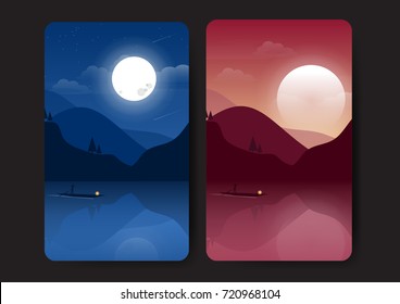 Day and night landscape illustration,mountain Landscape with boat,moon,sun,tree,shooting star,lake vector-flat design.