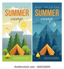 Day and night landscape illustrations with mountains, trees, tent and campfire in flat style. Vertical web banner for summer camp, nature tourism, camping, hiking, trekking, etc.