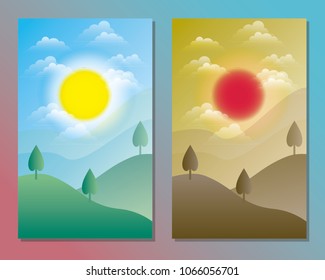 day and night landscape illustrations with sun, moon, hill, stars, clouds, weather applications