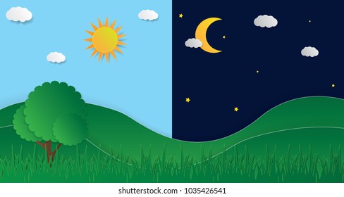 Day and night landscape with moon,sun illustration vector design