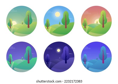 Day   night landscape  Morning dawn  Afternoon   evening sky  Sun light gradient  Dusk   sunset  Wild hills meadow and trees  Nature panoramas set  Vector illustration recent icons